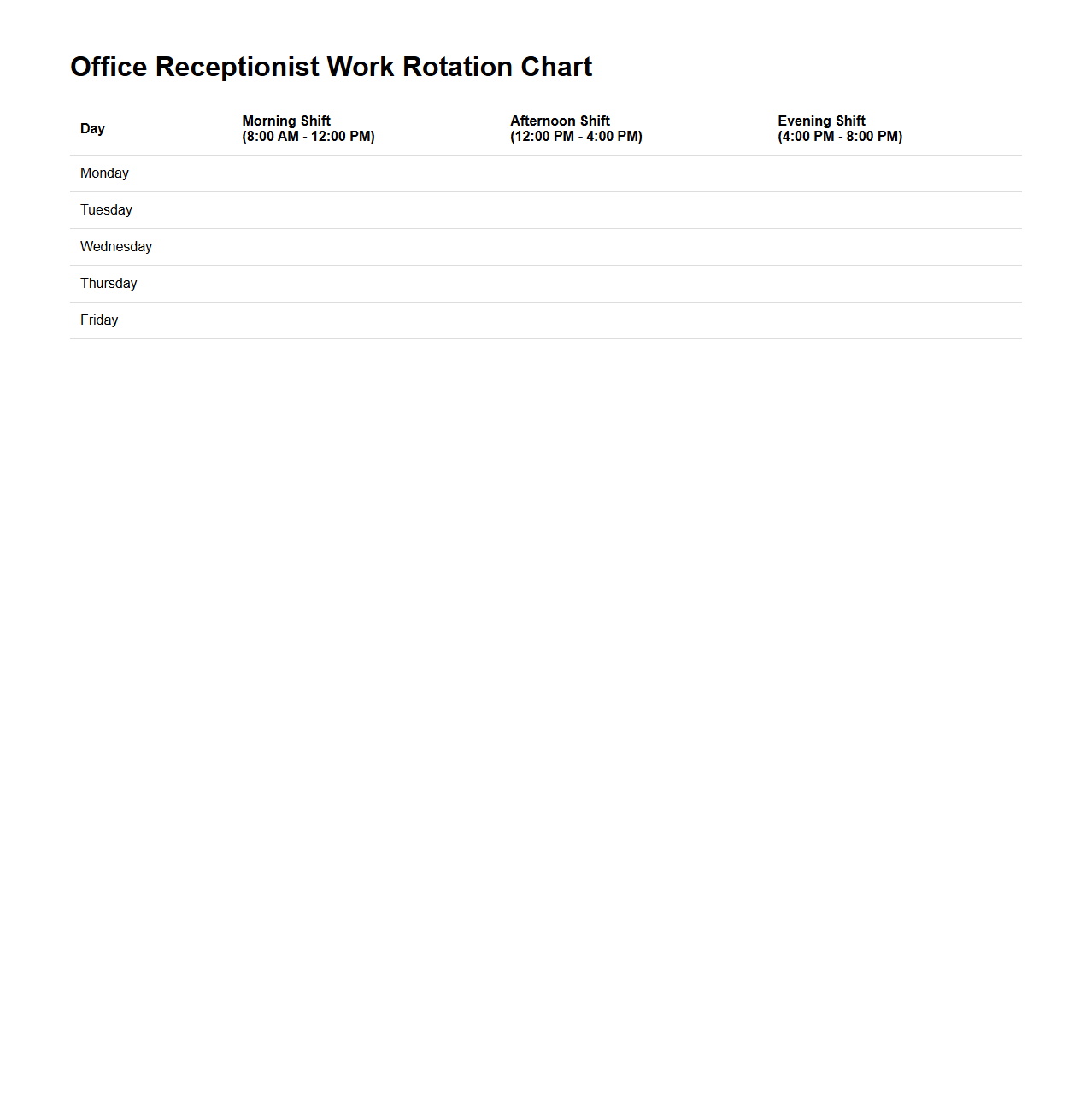 Office Receptionist Work Rotation Chart