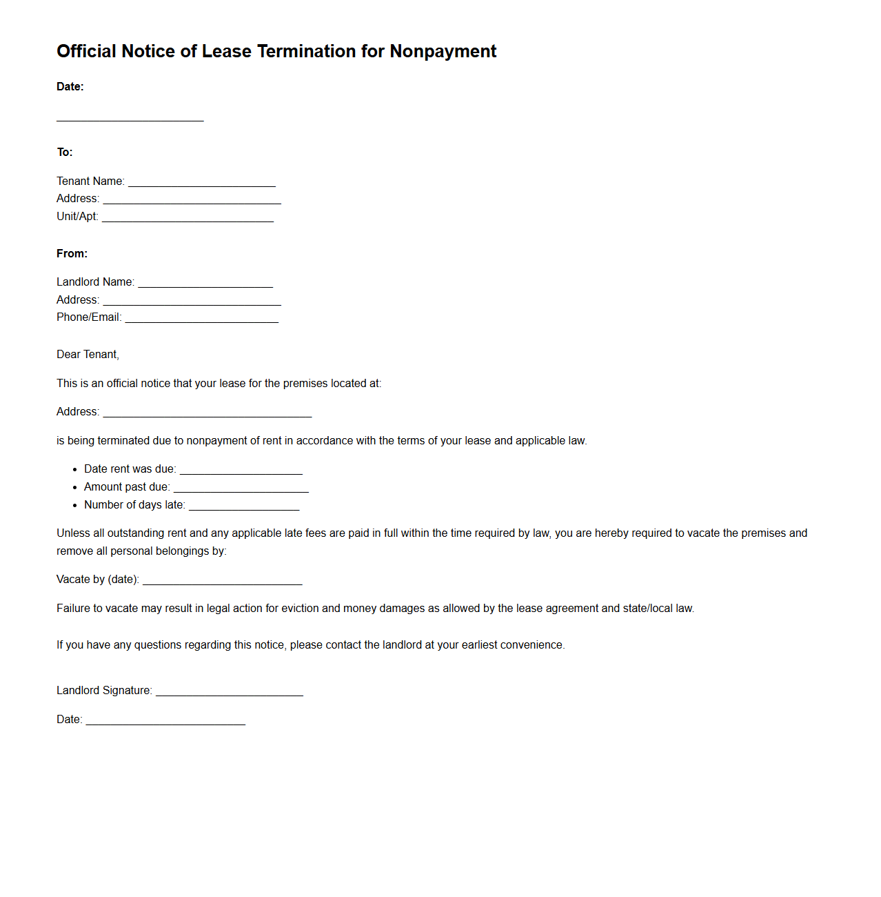 Official Notice of Lease Termination for Nonpayment