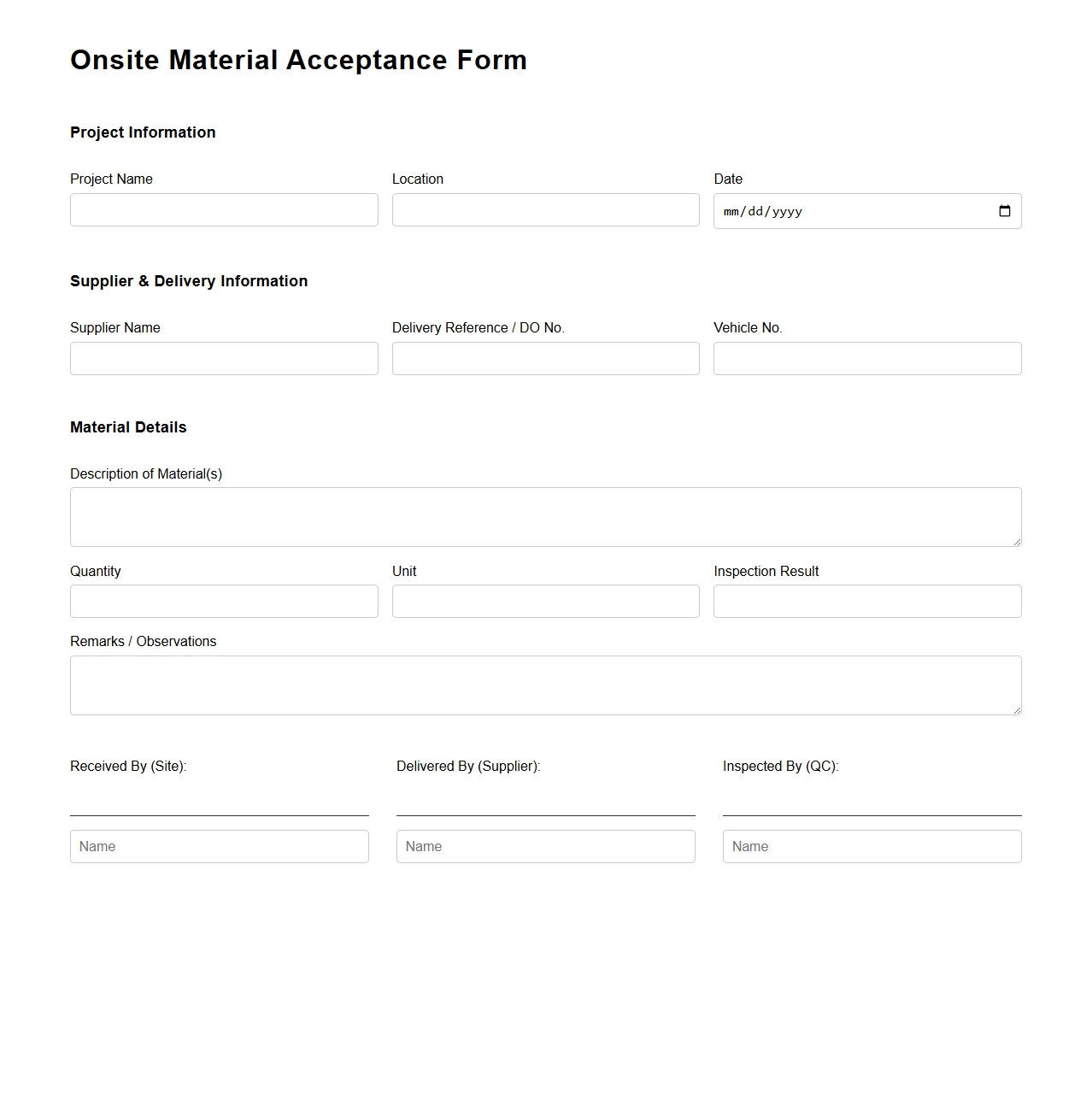 Onsite Material Acceptance Form Example