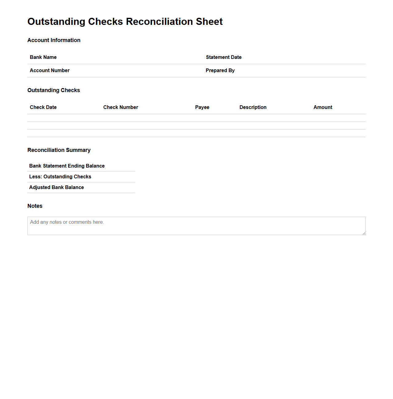 Outstanding Checks Reconciliation Sheet