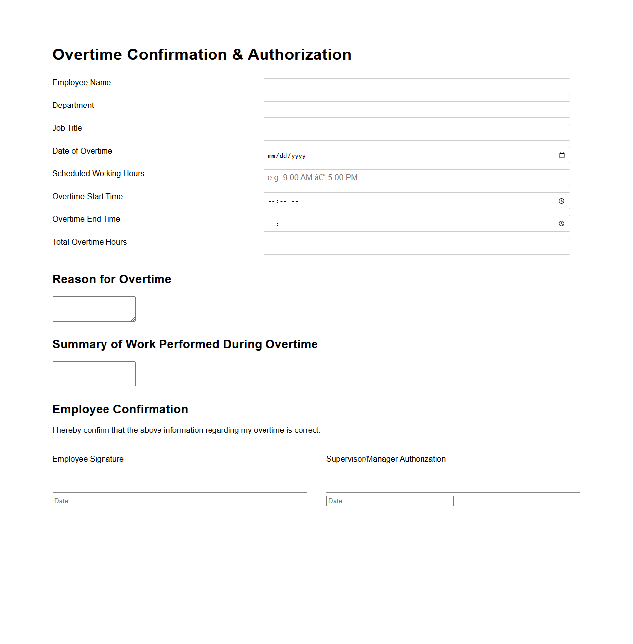 Overtime Confirmation and Authorization Template