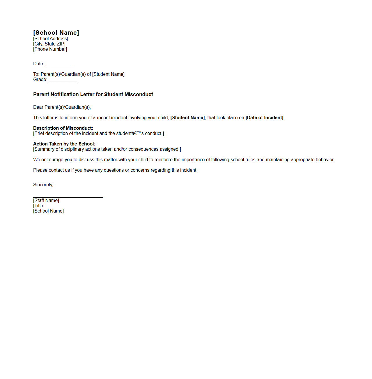 Parent Notification Letter for Student Misconduct