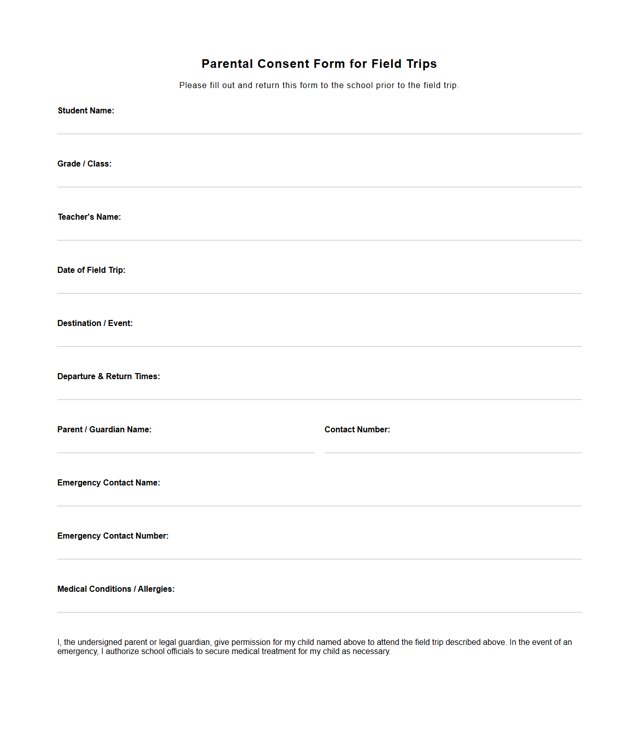 Parental Consent Form for Field Trips
