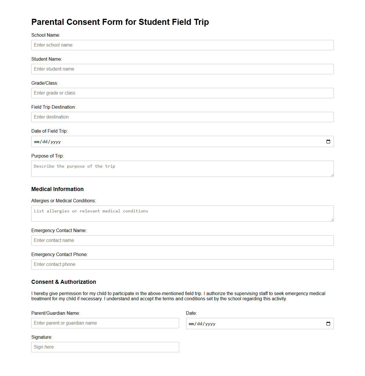 Parental Consent Form Sample for Student Field Trips