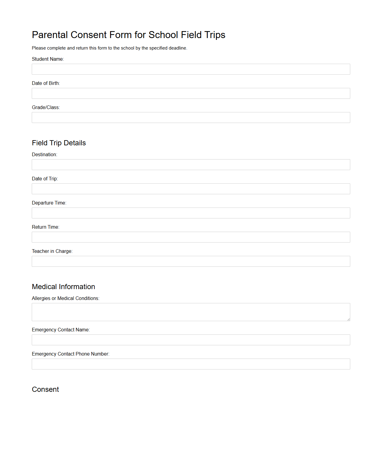 Parental Consent Form for School Field Trips