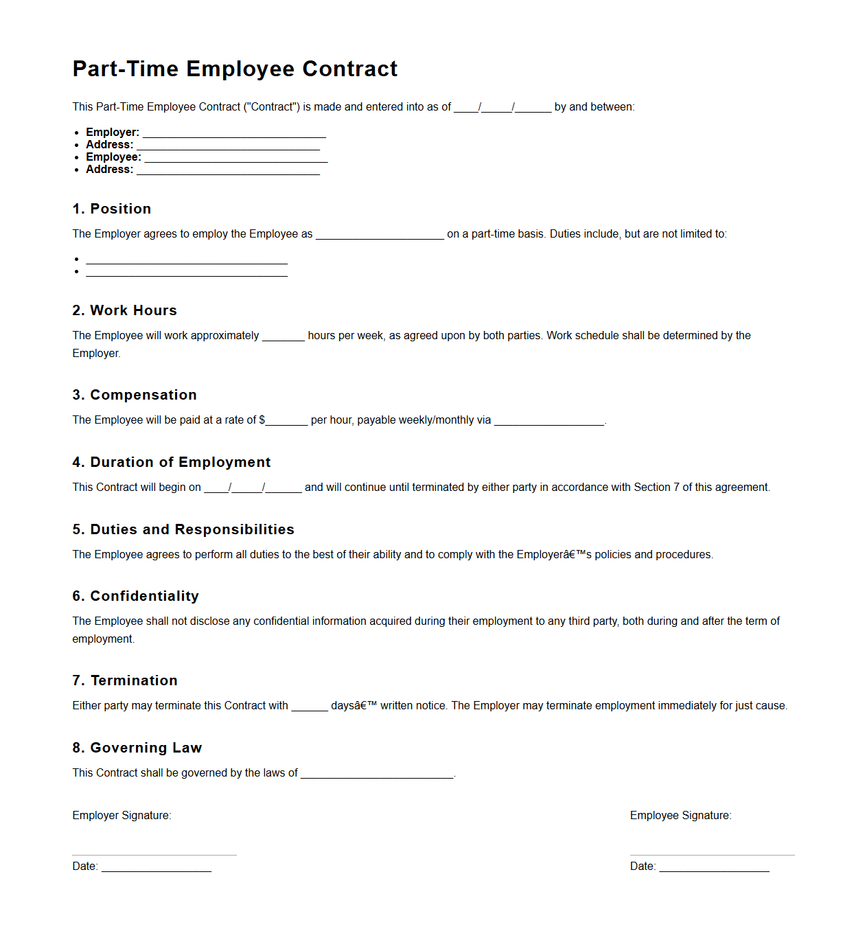 Part-Time Employee Contract Example