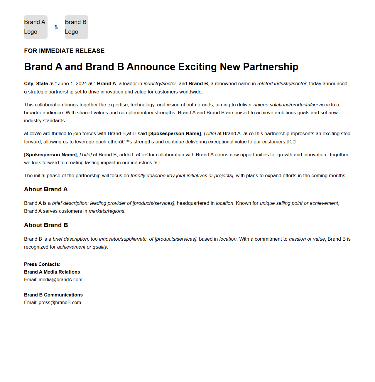 Partnership Announcement Press Release Example for Brands