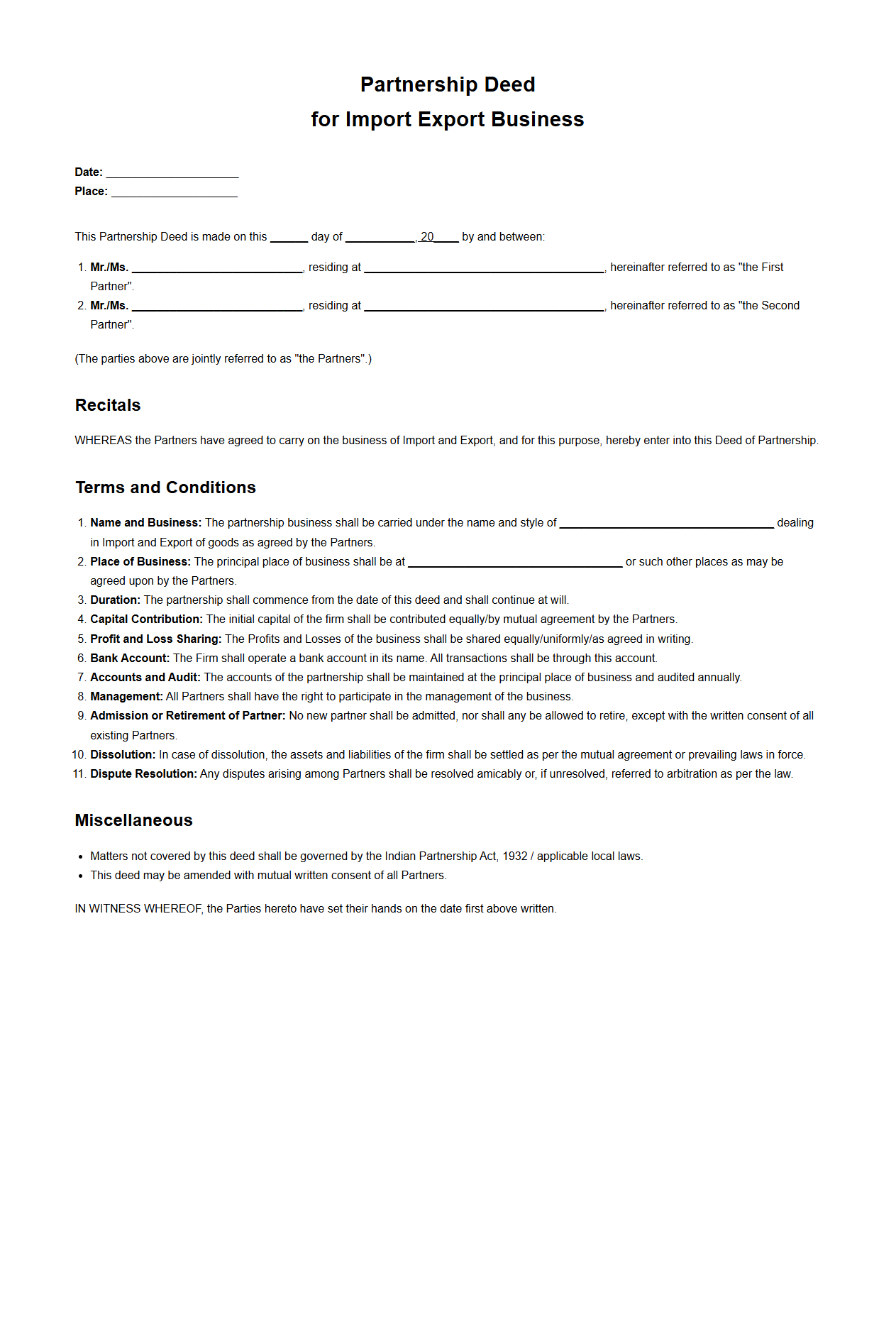 Partnership Deed for Import Export Business
