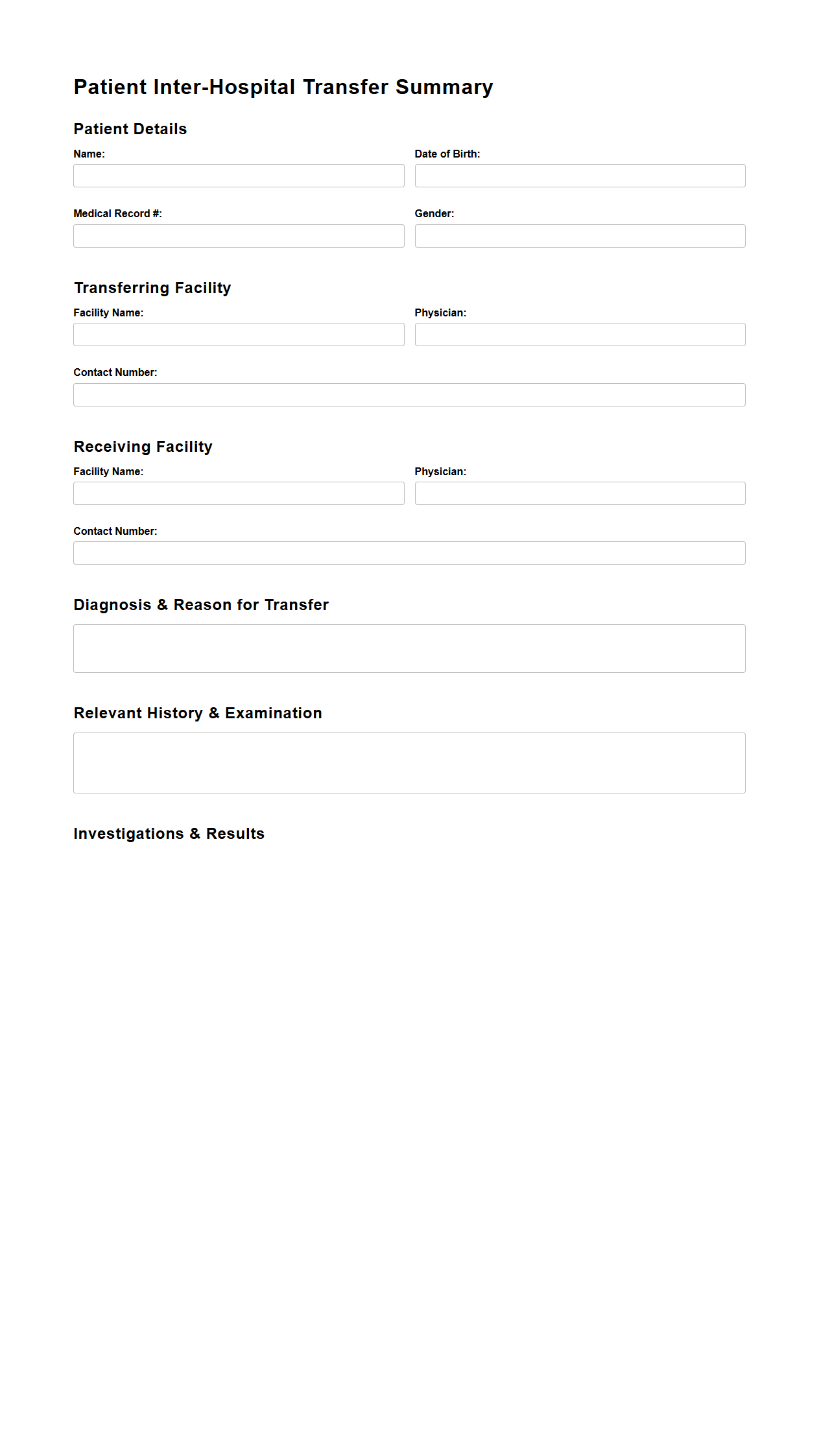 Patient Inter-Hospital Transfer Summary Template