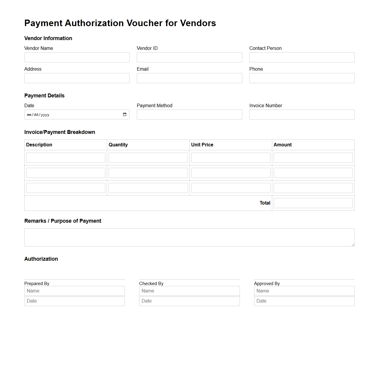Payment Authorization Voucher for Vendors