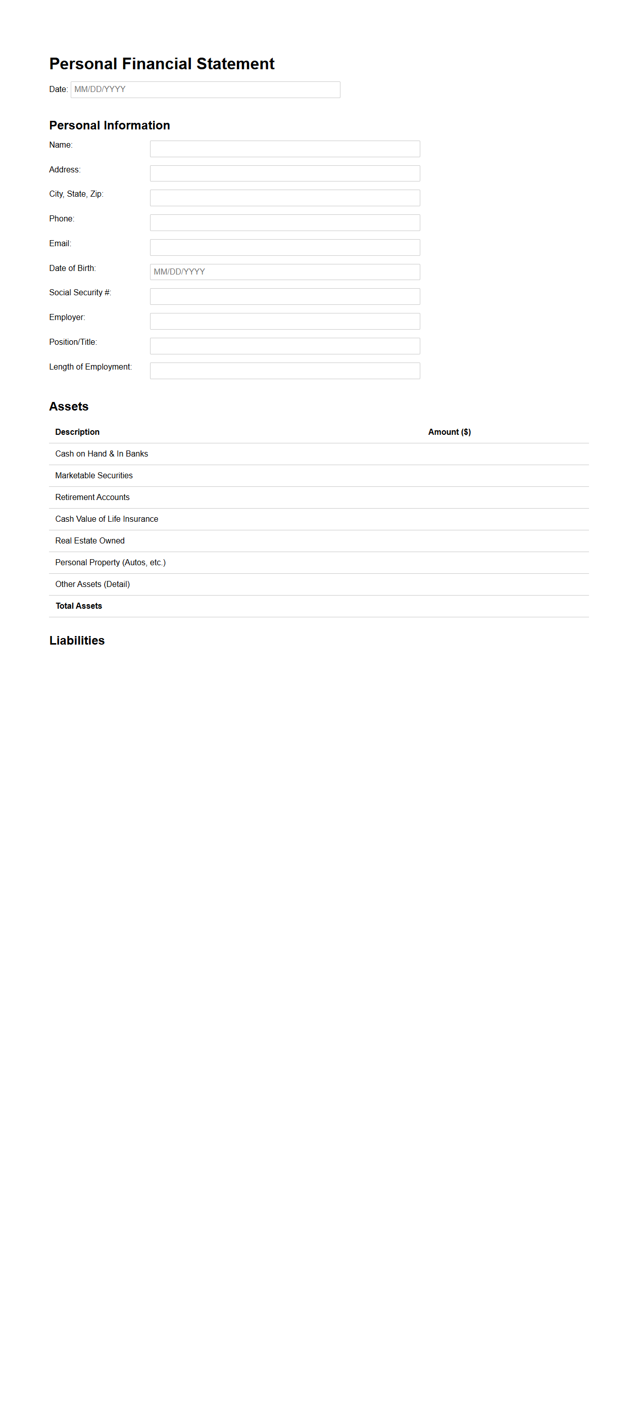 Personal Financial Statement Sample for Real Estate Loan