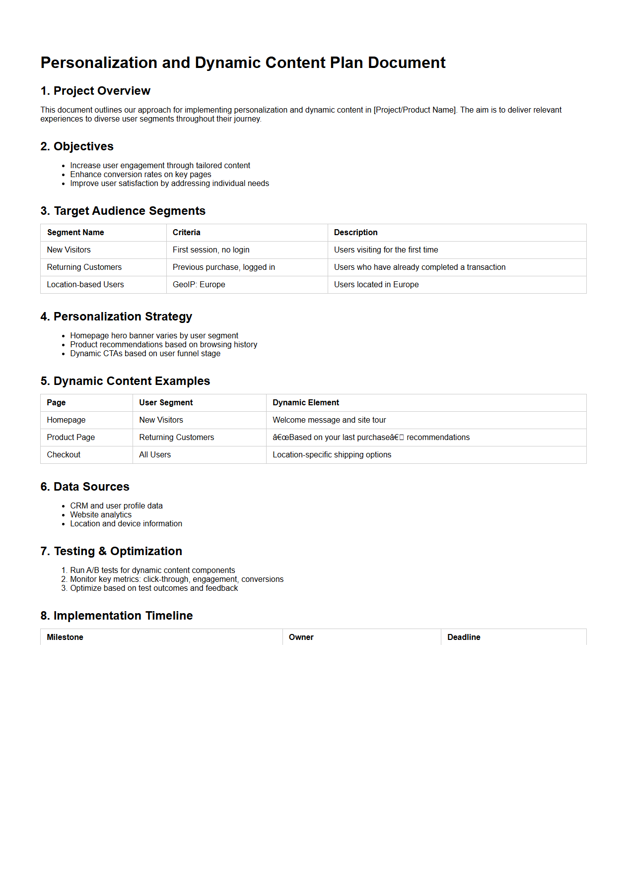 Personalization and Dynamic Content Plan Document Sample