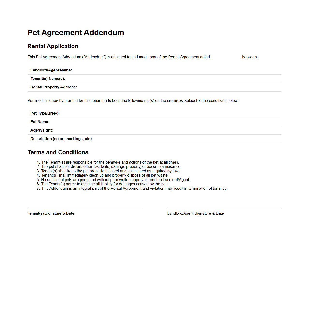 Pet Agreement Addendum Sample for Rental Application