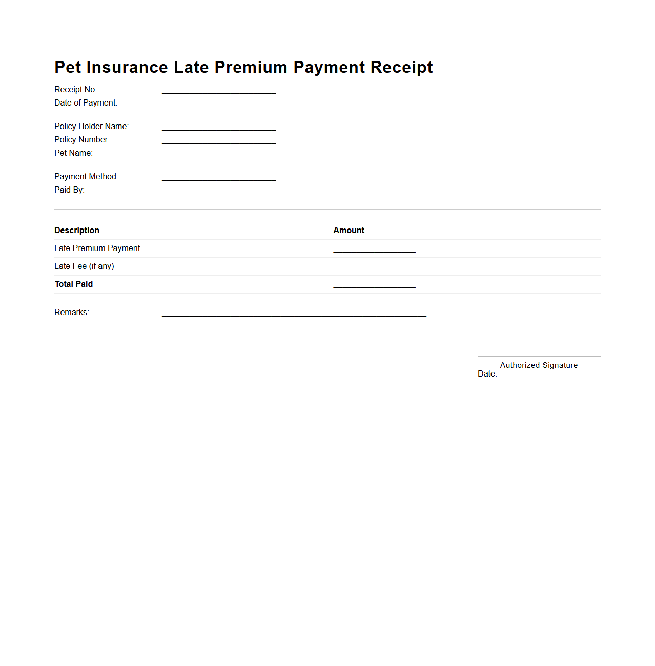 Pet Insurance Late Premium Payment Receipt