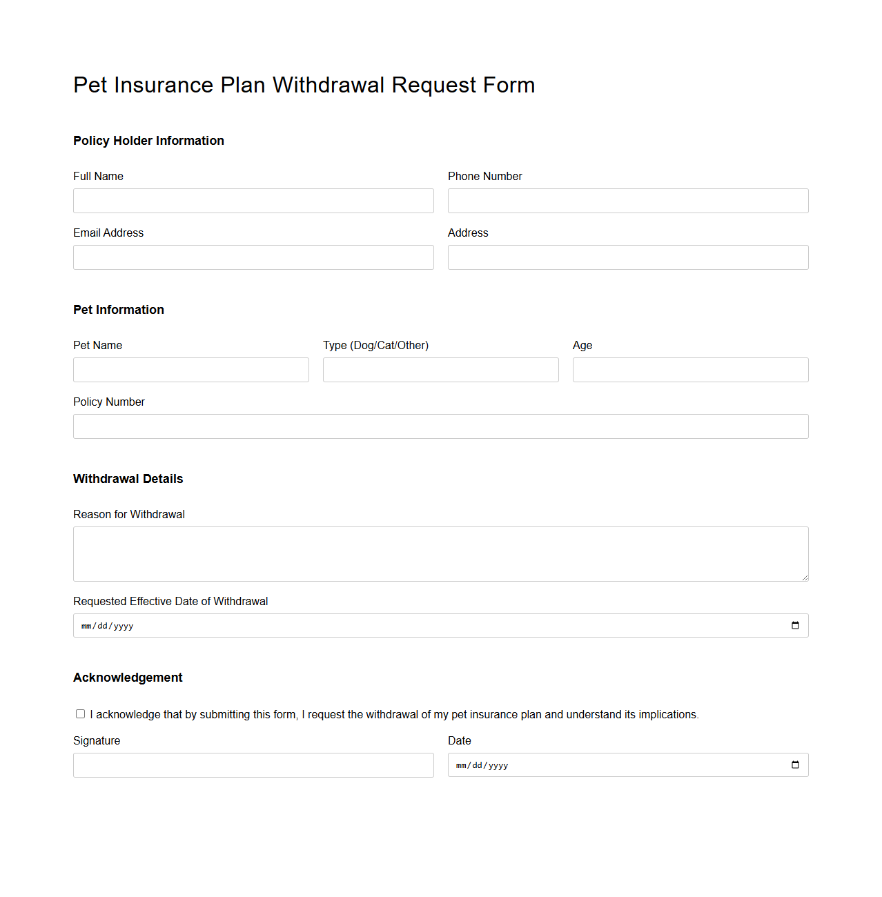 Pet Insurance Plan Withdrawal Request Form