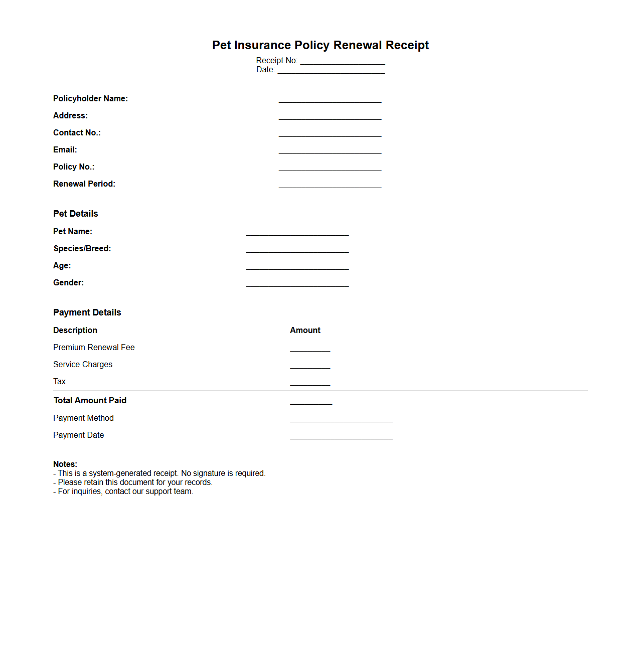 Pet Insurance Policy Renewal Payment Receipt