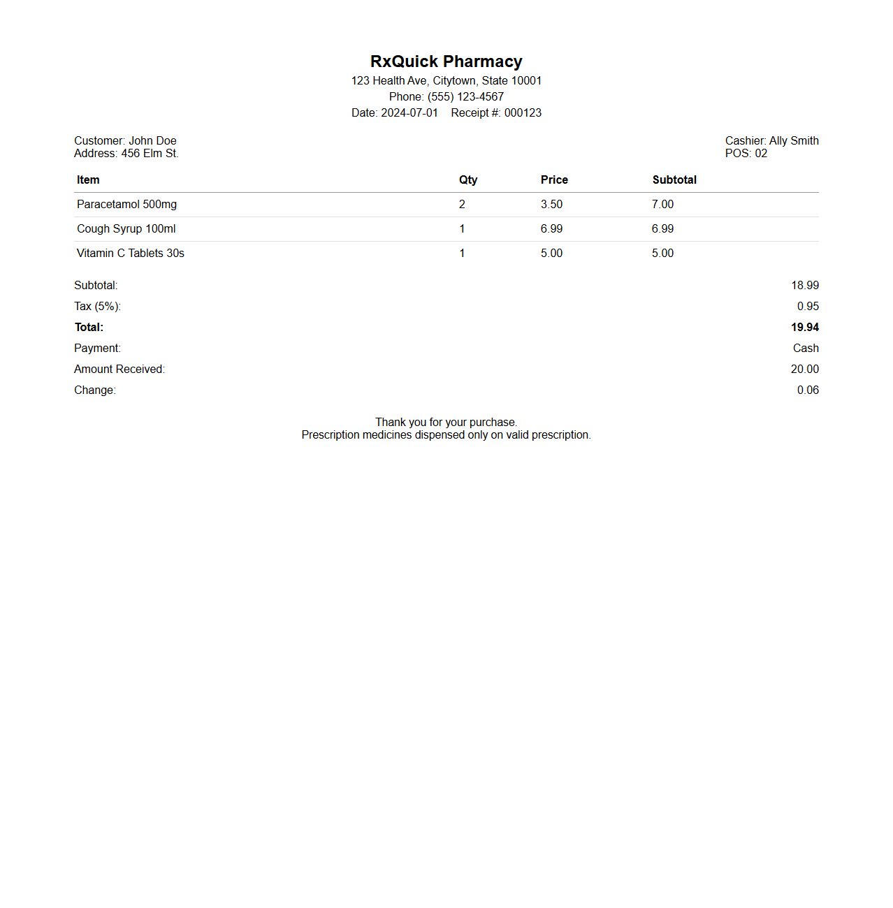 Pharmacy Sales Receipt Example for POS