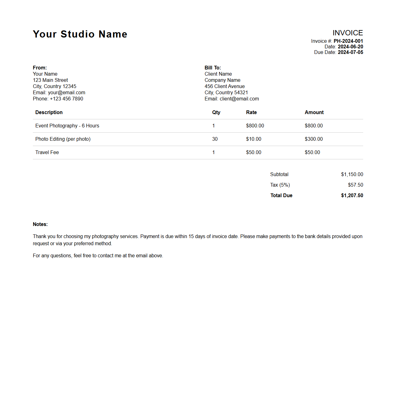 Photography Freelance Service Invoice Sample