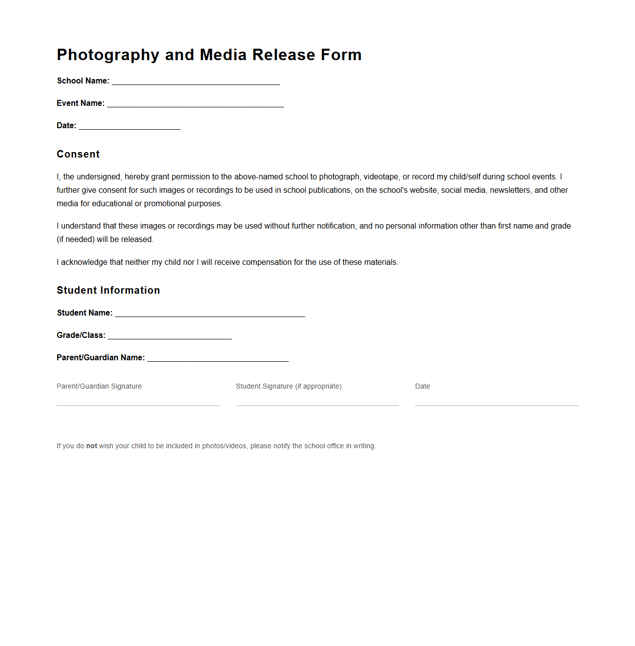 Photography and Media Release for School Events