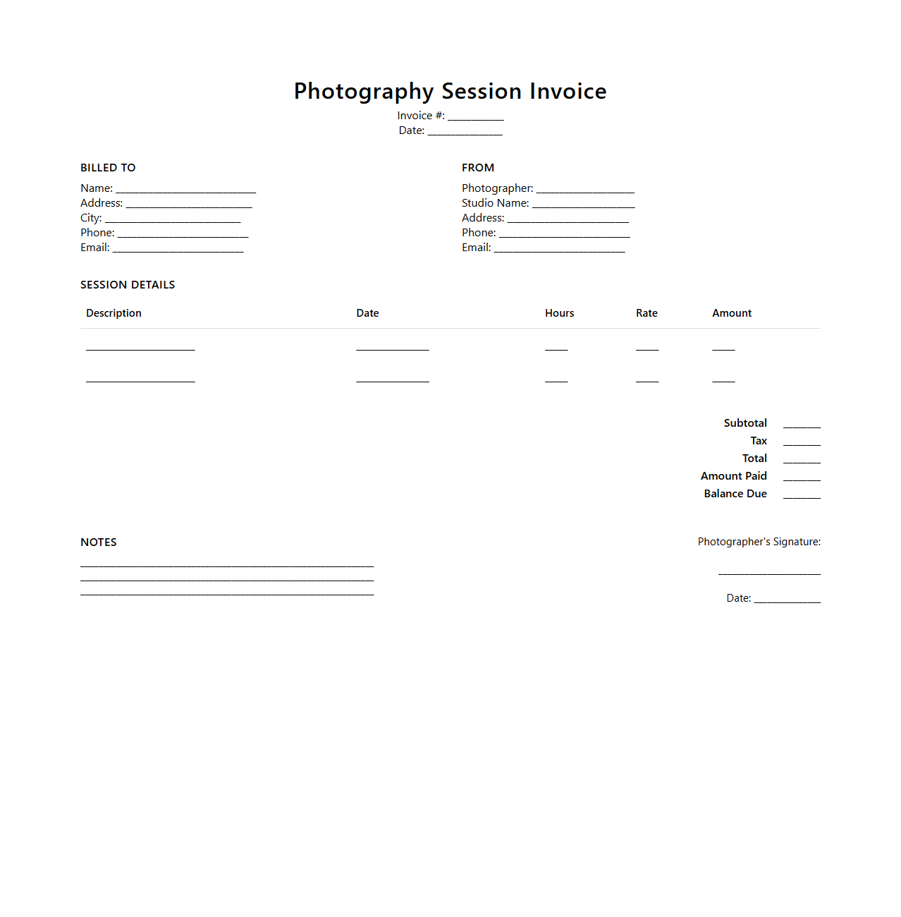 Photography Session Billing Invoice