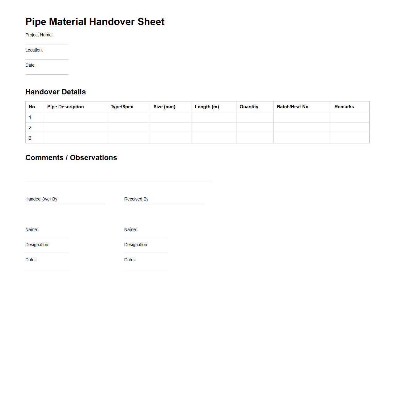 Pipe Material Handover Sheet for Construction Teams