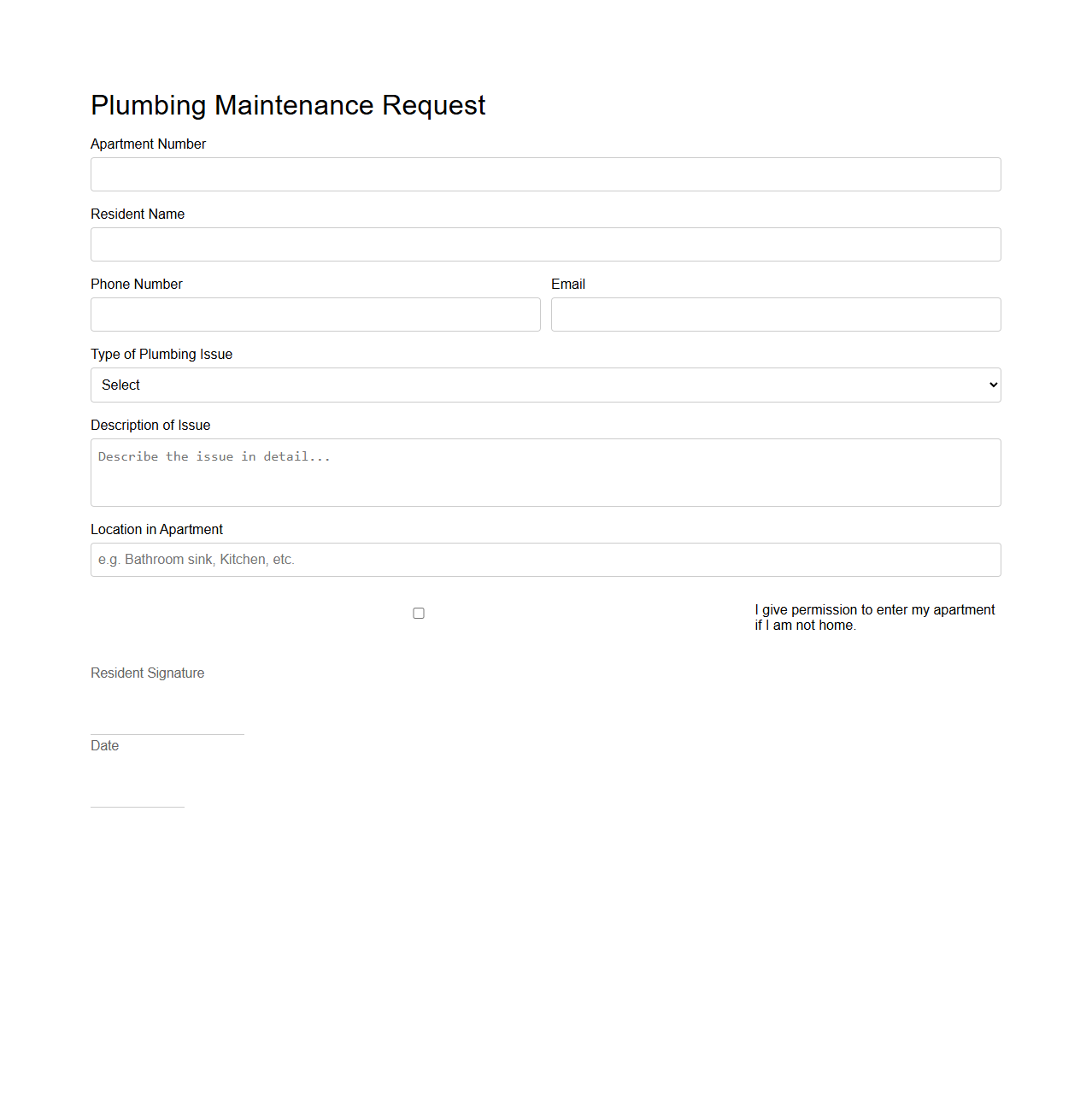 Plumbing Maintenance Request Example for Apartments