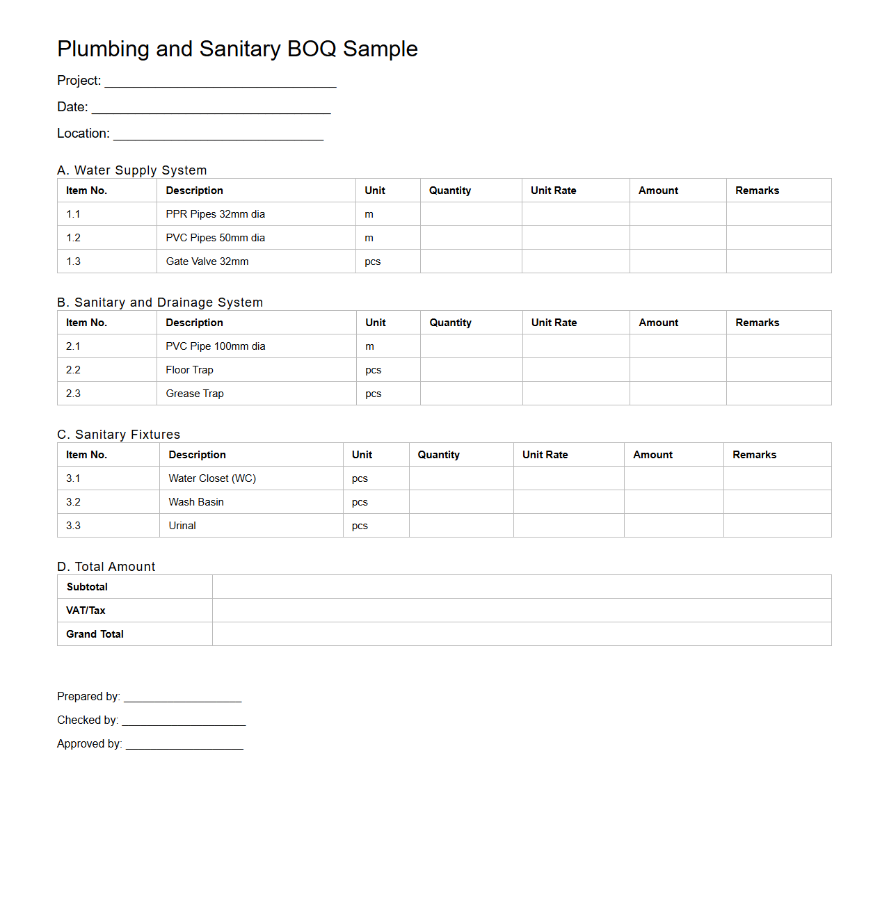 Plumbing and Sanitary BOQ Sample Document