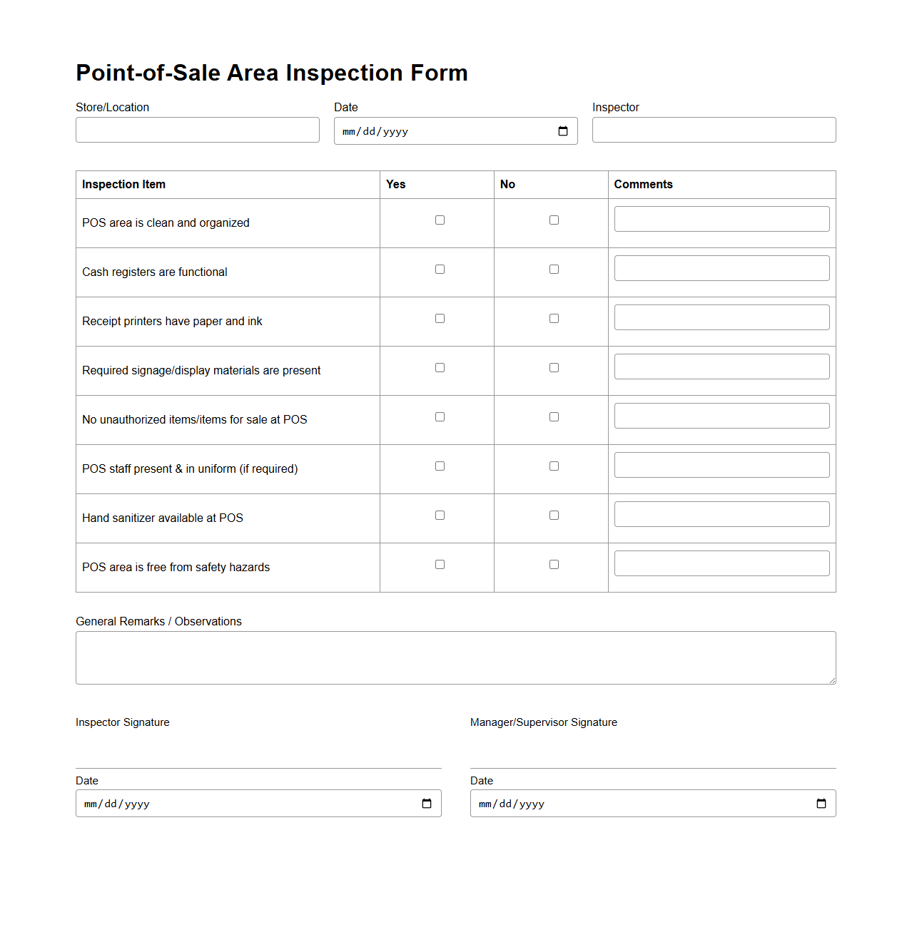 Point-of-Sale Area Inspection Form Sample