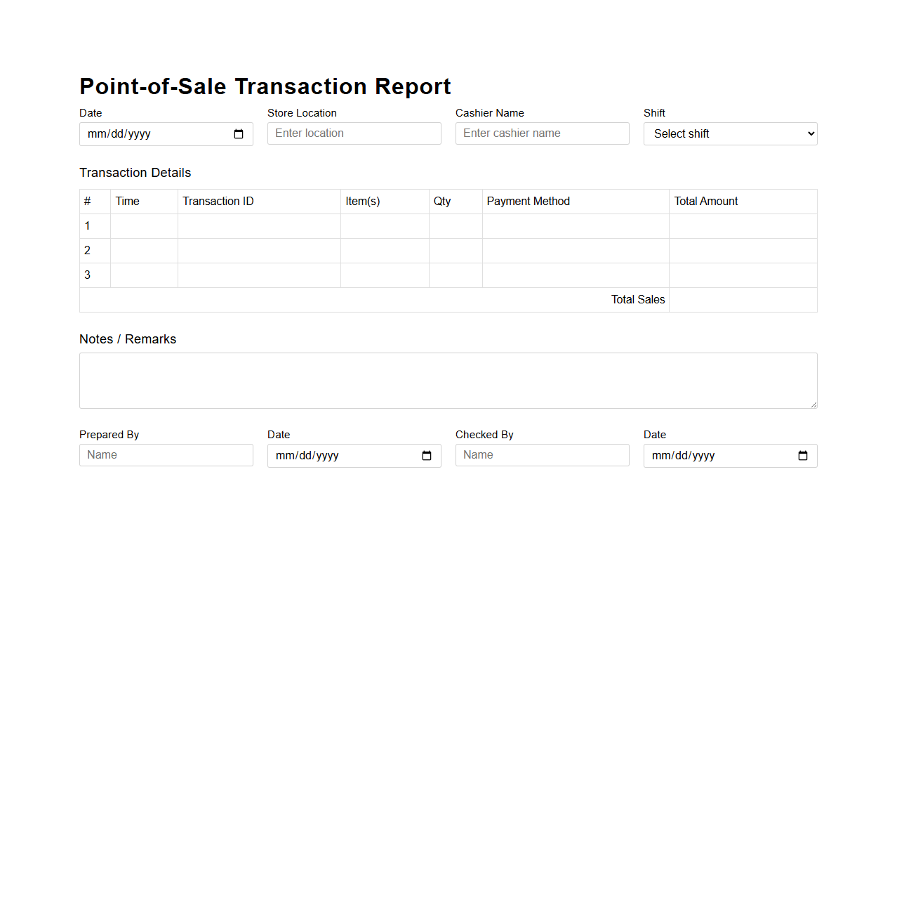 Point-of-Sale Transaction Report Form