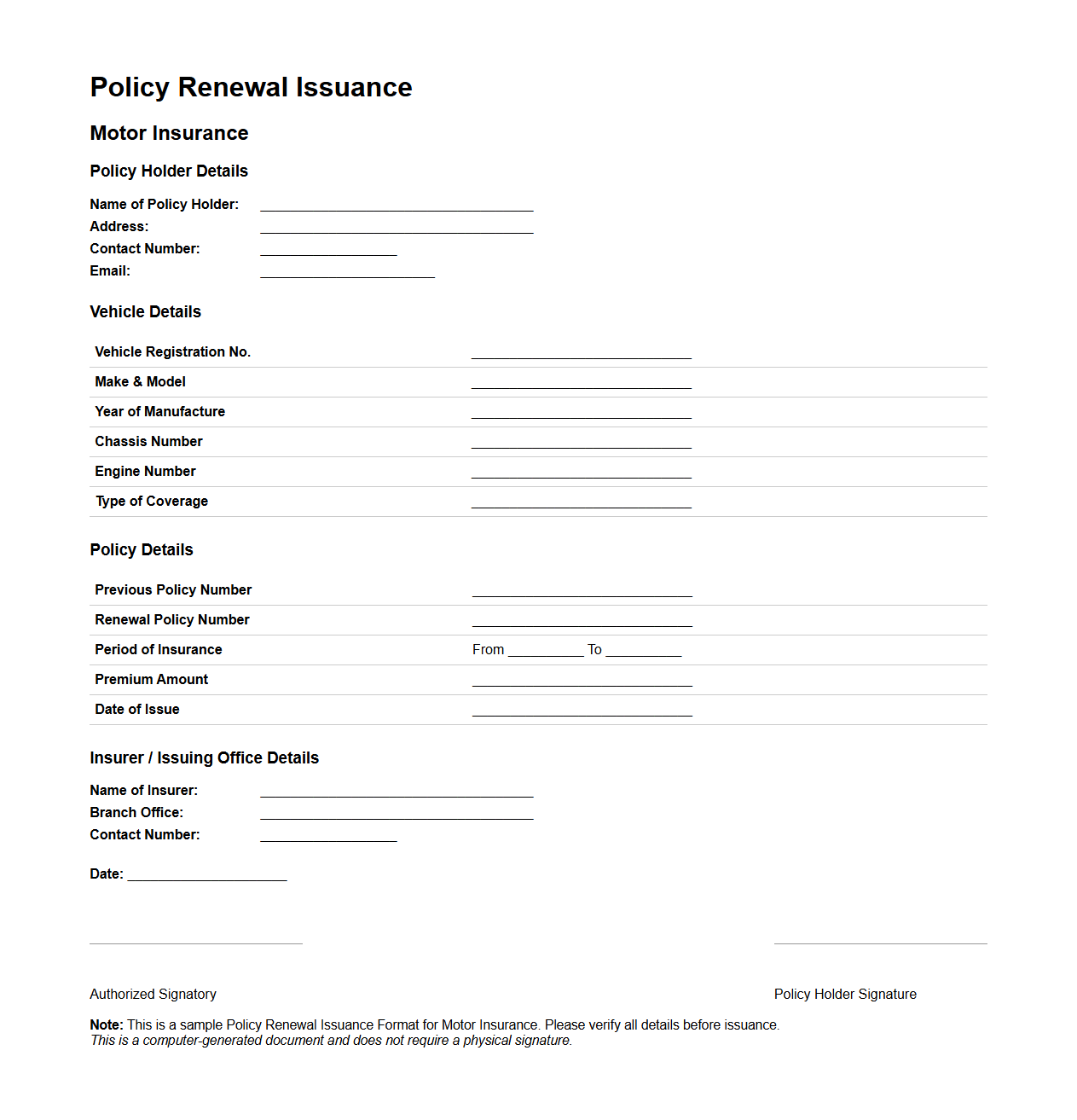 Policy Renewal Issuance Format for Motor Insurance
