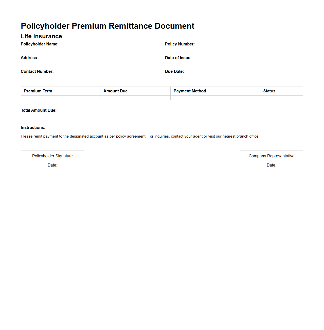 Policyholder Premium Remittance Document for Life Insurance