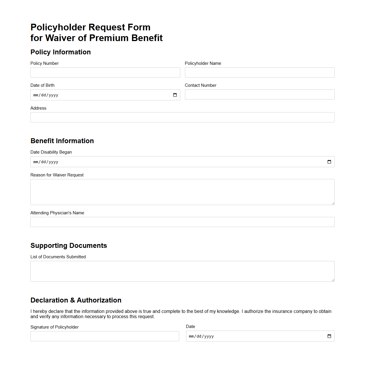 Policyholder Request Form for Waiver of Premium Benefit