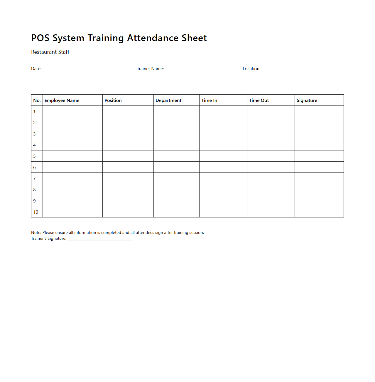 POS System Training Attendance Sheet for Restaurant Staff