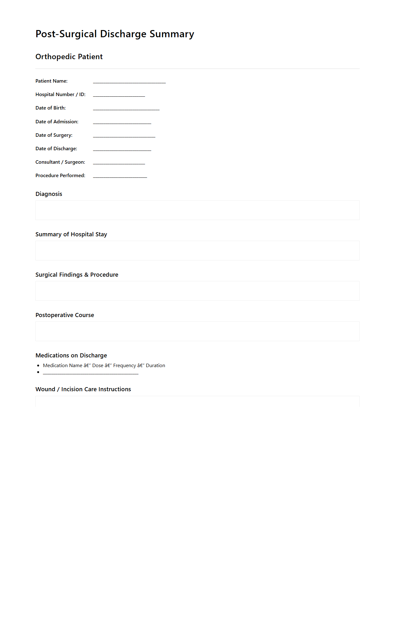 Post-Surgical Discharge Summary for Orthopedic Patients