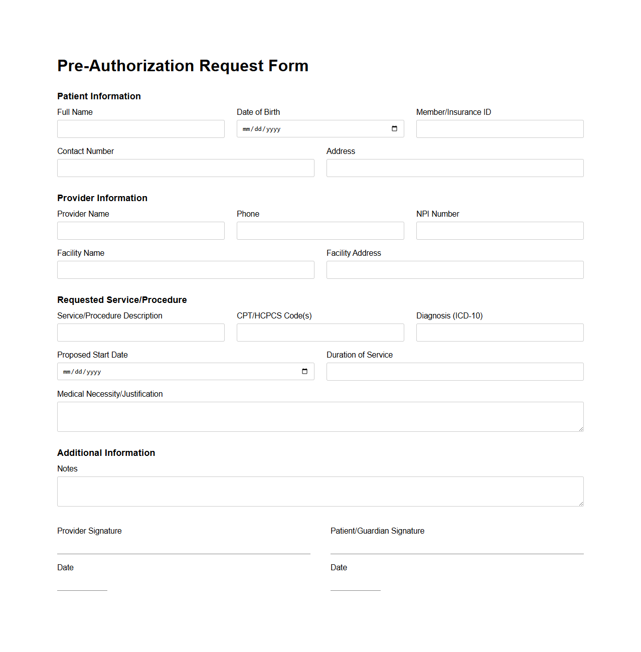 Pre-Authorization Request Form Sample