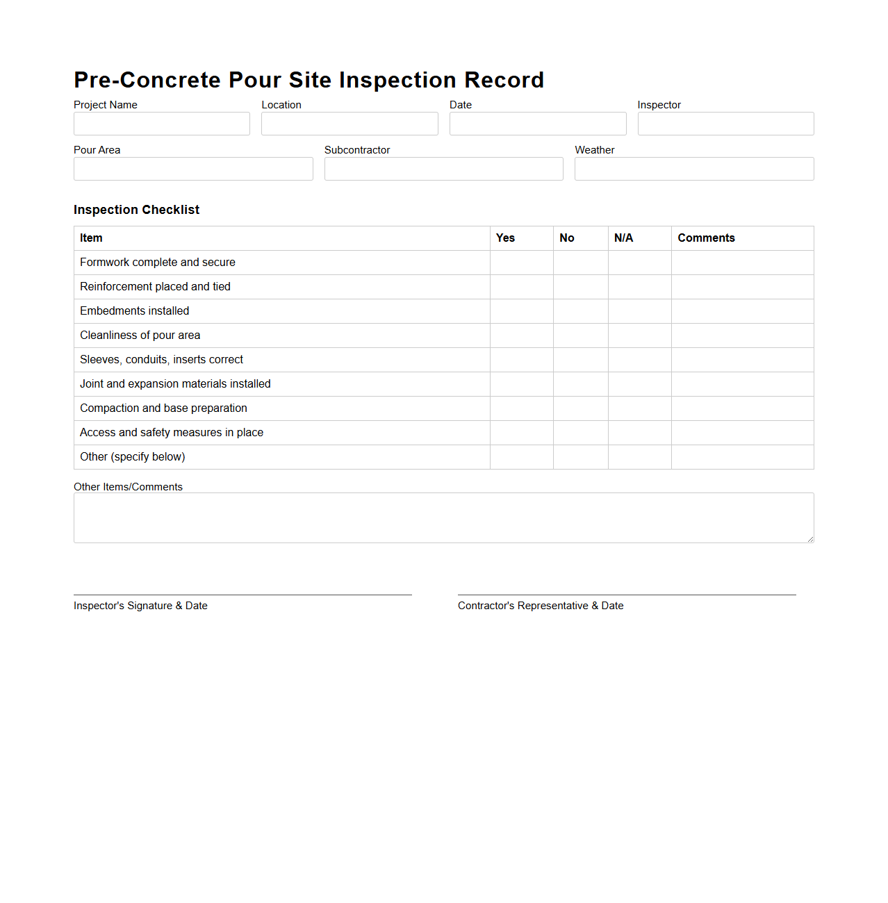 Pre-Concrete Pour Site Inspection Record