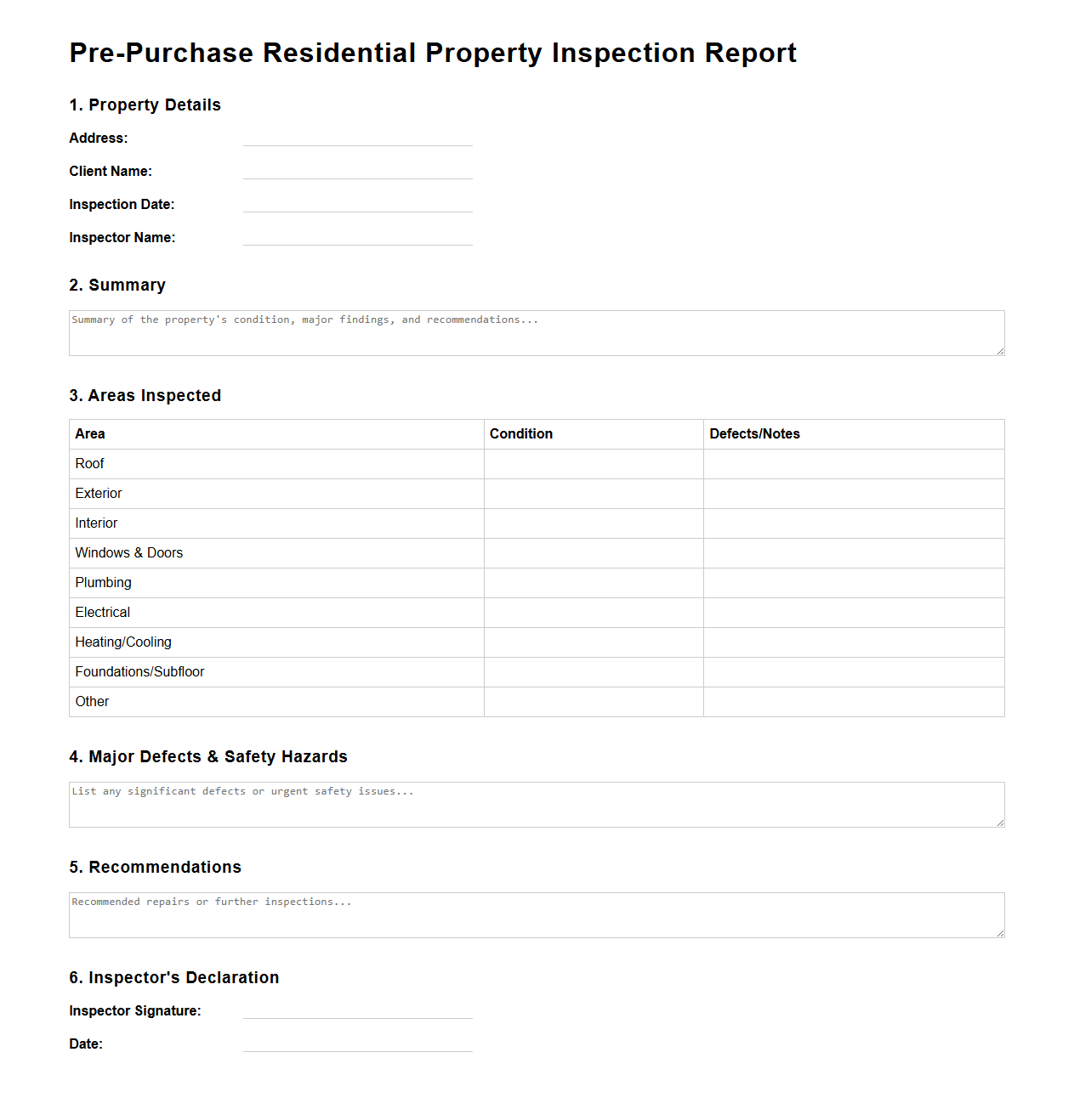Pre-Purchase Residential Property Inspection Report Template