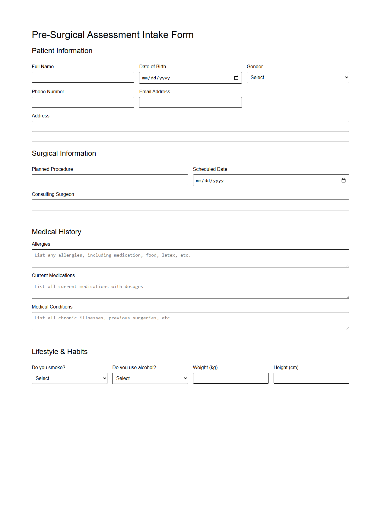 Pre-Surgical Assessment Intake Form
