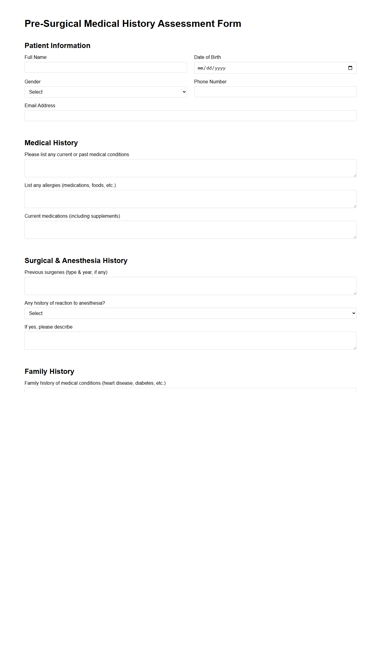 Pre-Surgical Medical History Assessment Form
