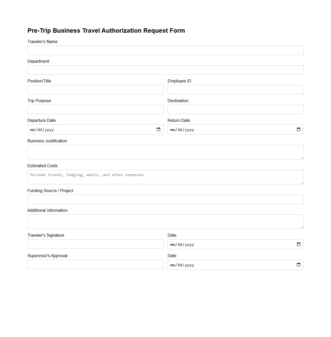Pre-Trip Business Travel Authorization Request Form