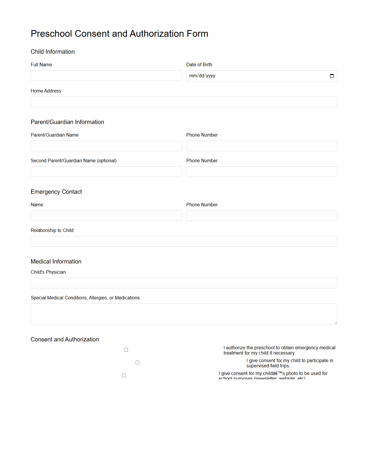 Preschool Consent and Authorization Form