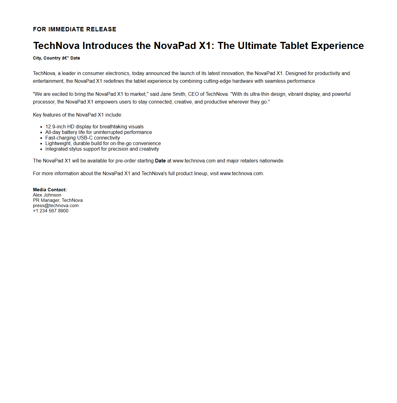 Press Release Example for Product Launch