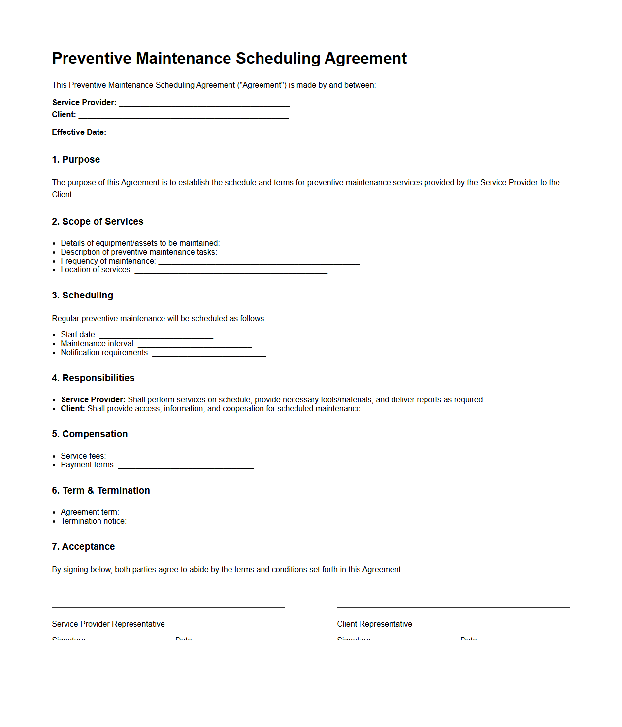 Preventive Maintenance Scheduling Agreement Template