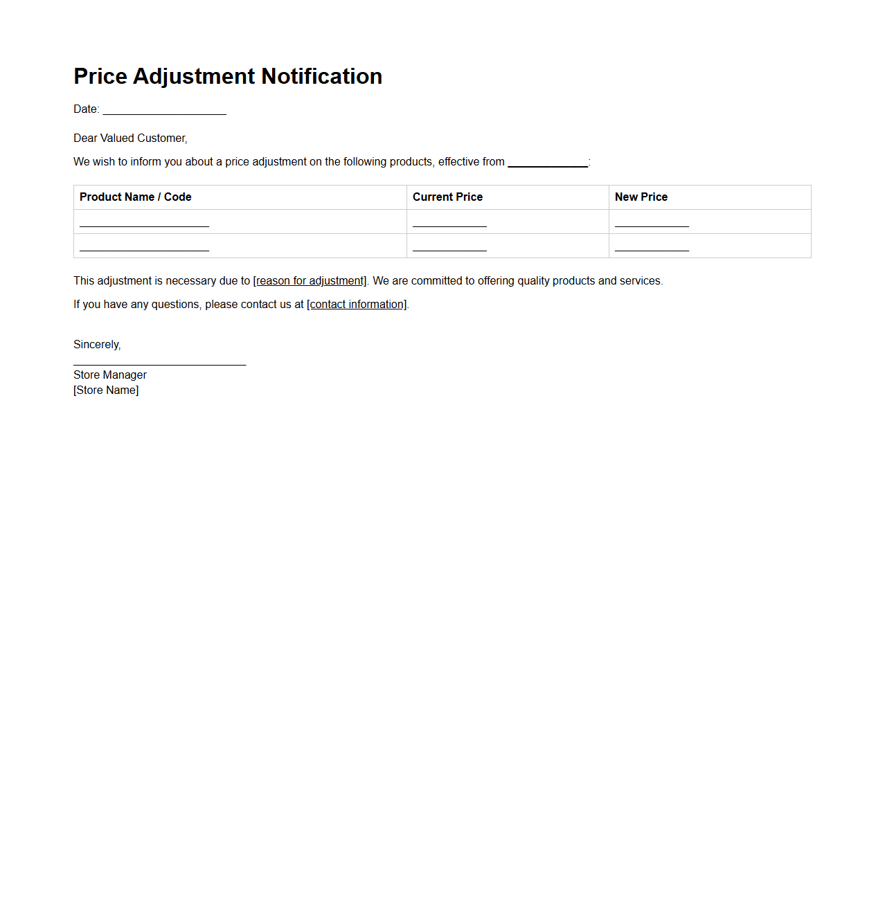 Price Adjustment Notification Template for Retail Stores