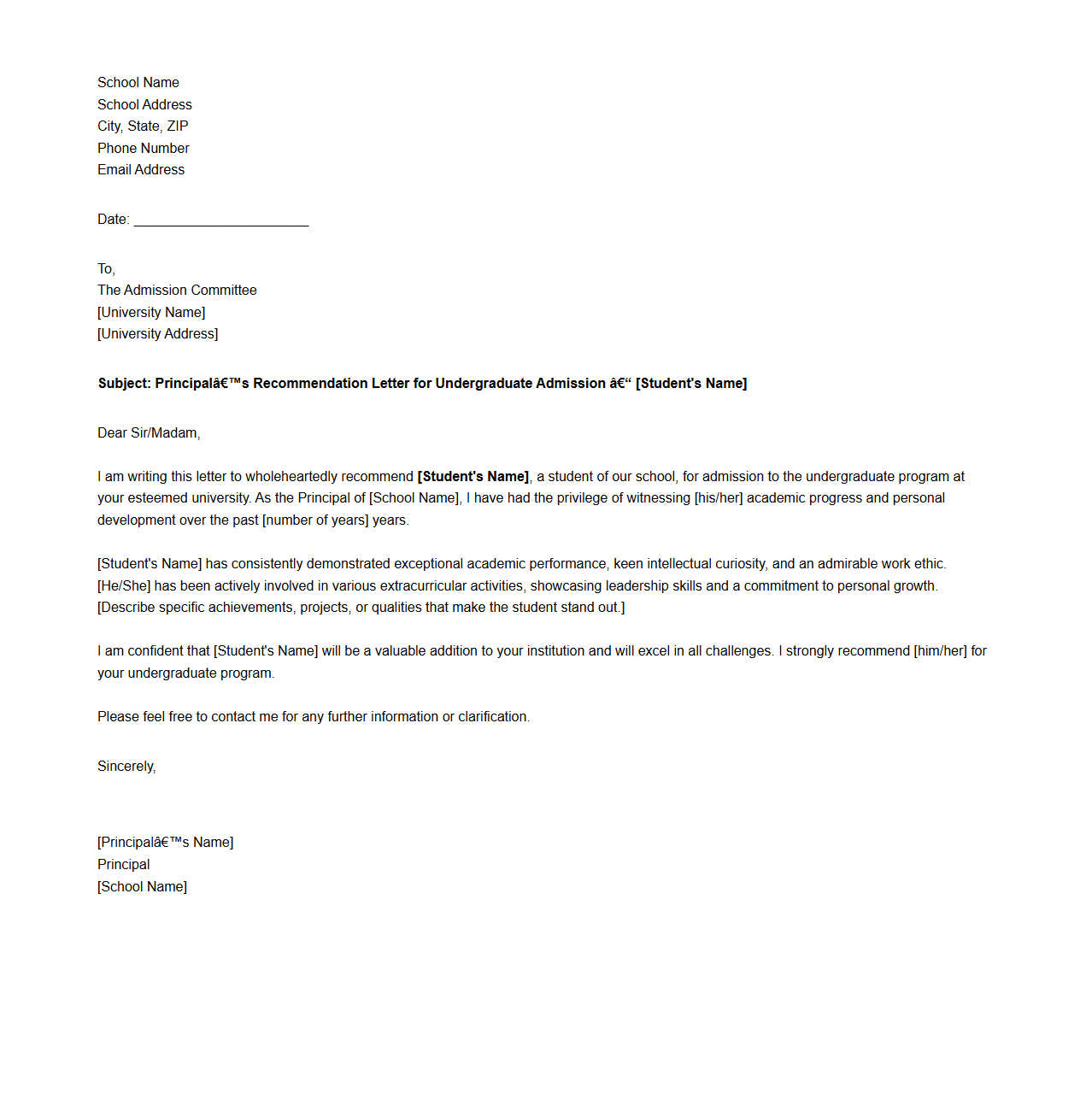 Principal’s Recommendation Letter for Undergraduate Programs