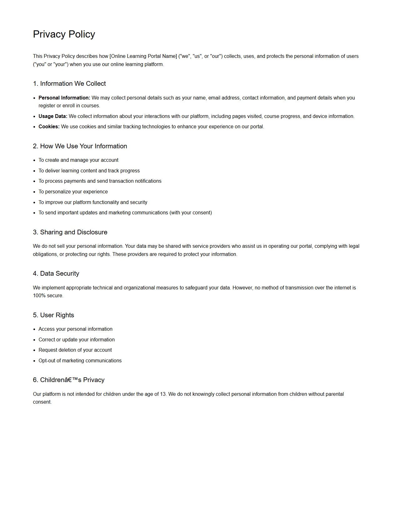 Privacy Policy Template for Online Learning Portals