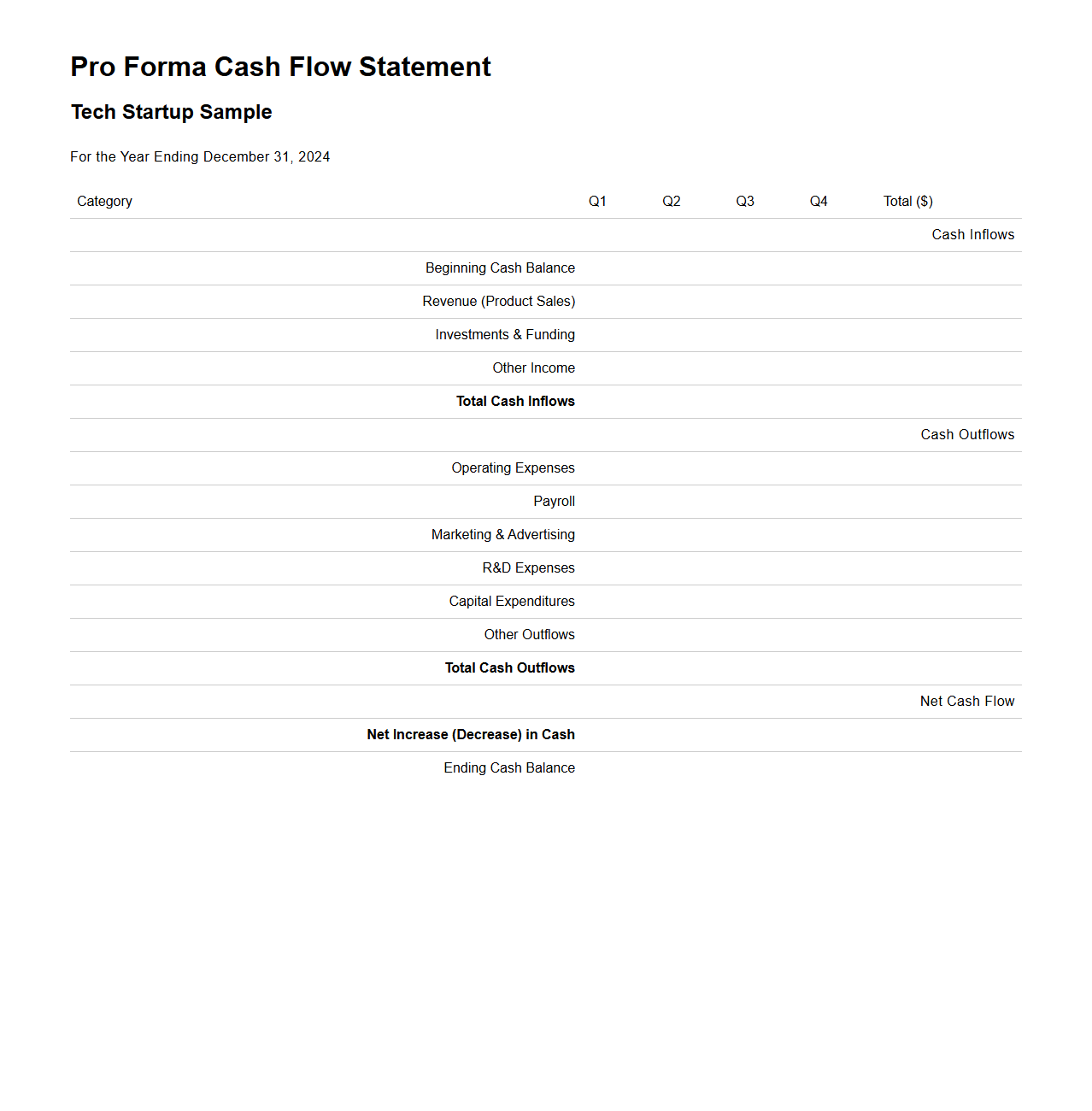 Pro Forma Cash Flow Statement for Tech Startups