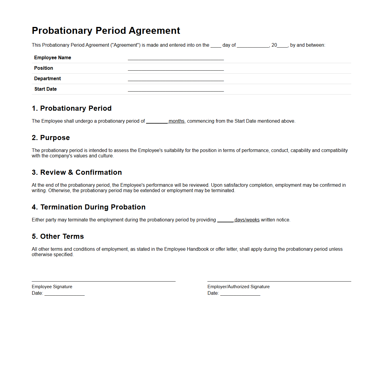 Probationary Period Agreement Format