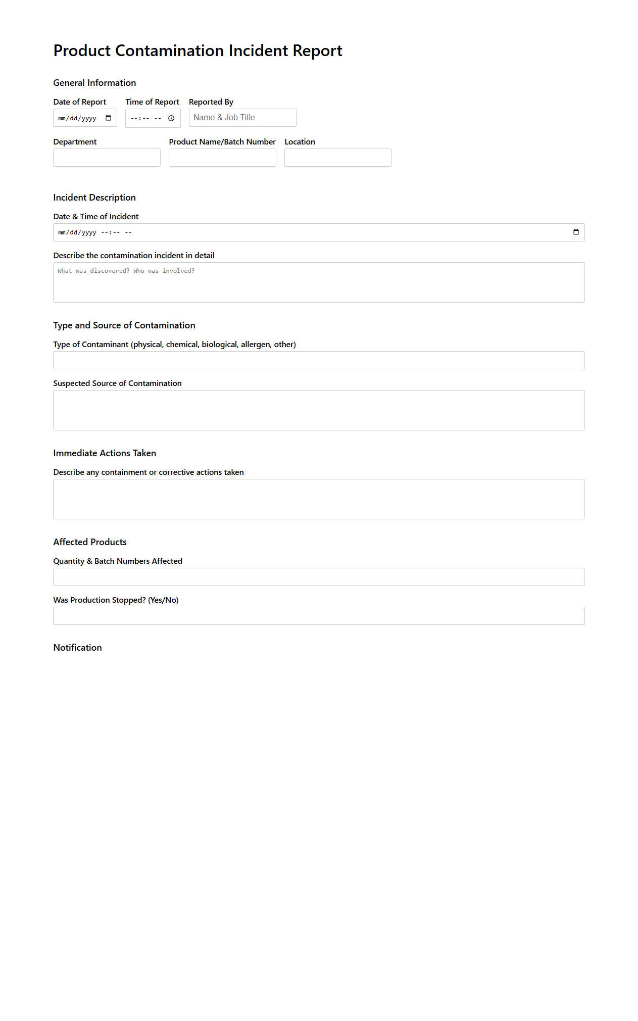 Product Contamination Incident Report Sample for Manufacturing