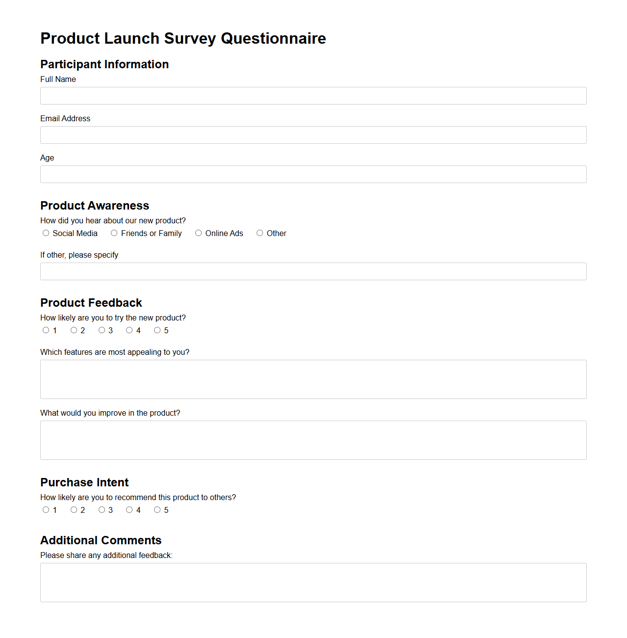 Product Launch Survey Questionnaire